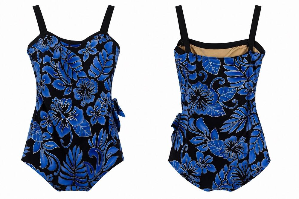 Maxine Size 12 One Piece Swimsuit Blue Black Tropical Floral Tummy Control